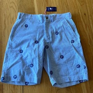 seersucker shorts with Cisco Brewery design - waist to bottom 18”- inseam 9”
